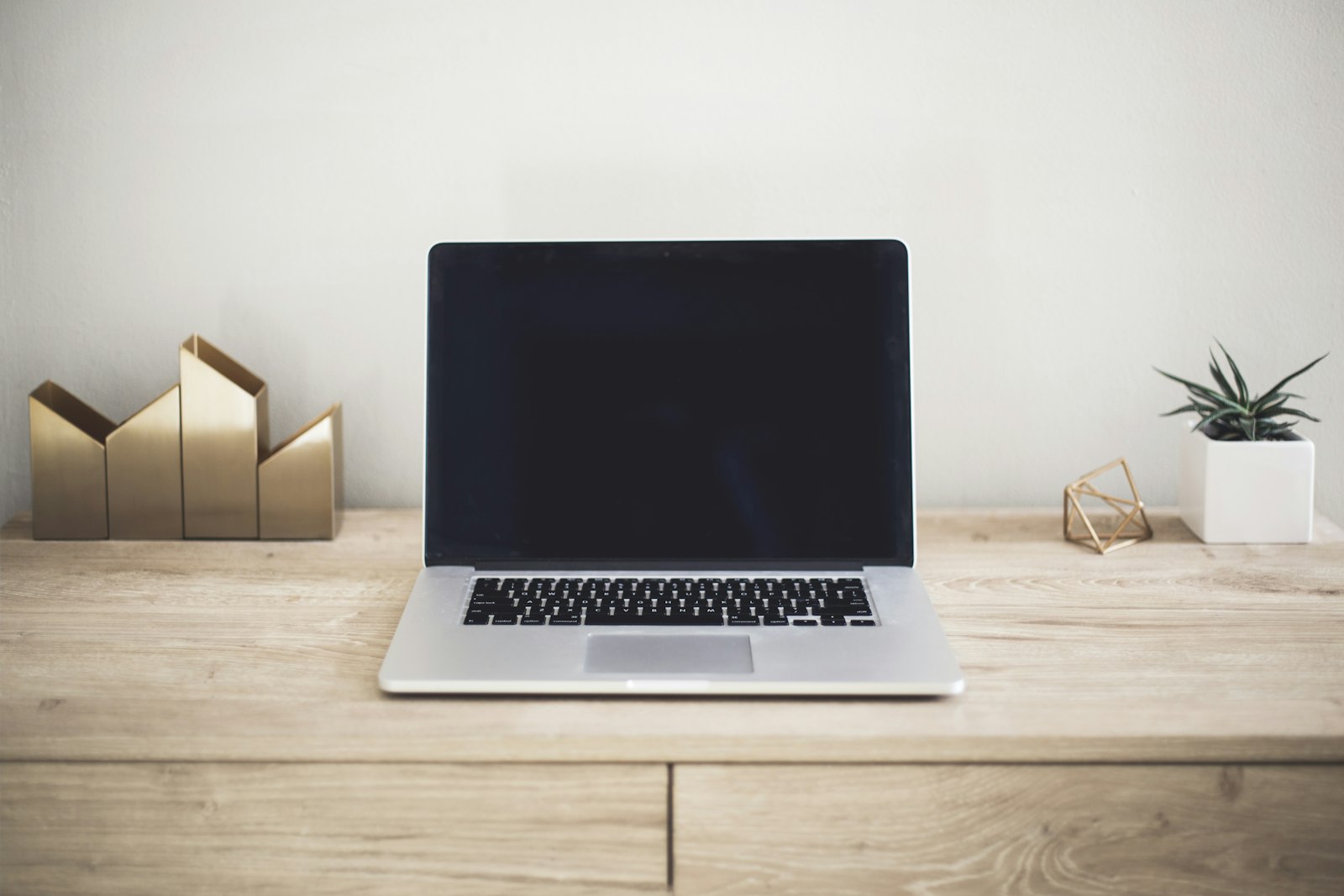 Laptop på ett ljust skrivbord med växt